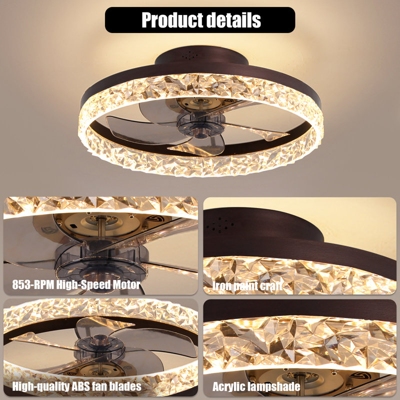Black 19.7 in. indoor Ceiling Fan with Lights Dimmable LED, Brown
