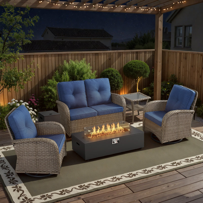 Esquer 5-Pieces Outdoor Wicker Patio Loveseat Conversation Furniture Set With Rocking & Swivel Chairs And Rectangular Fire Pit Table