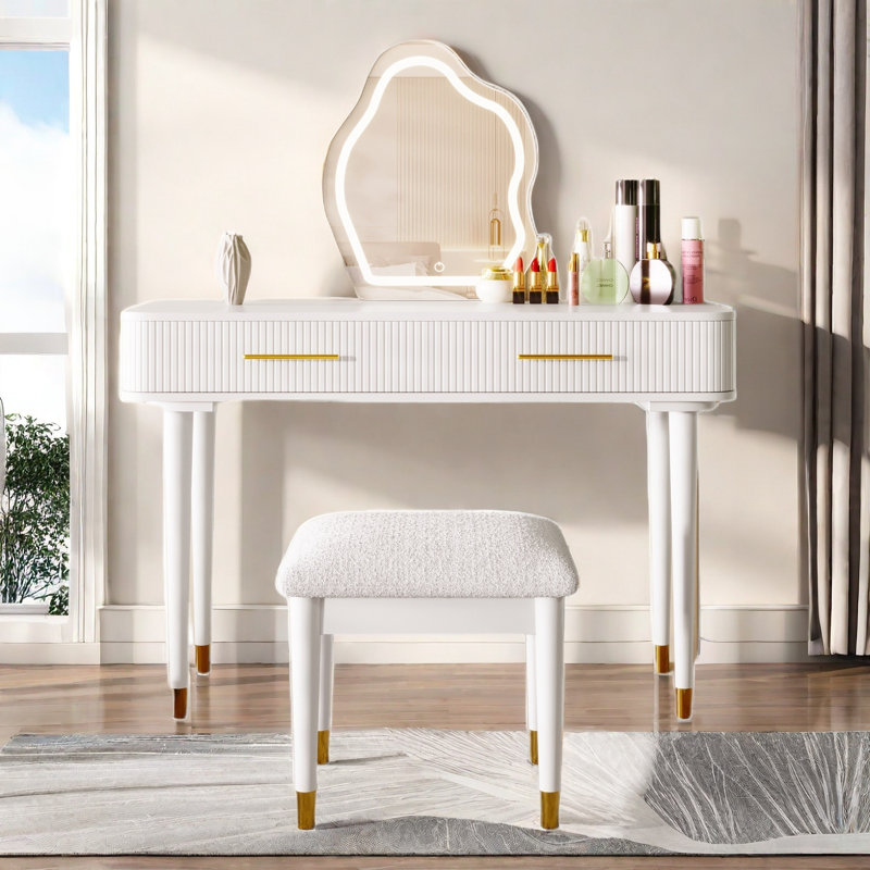 Modern Vanity Table Set With Touch Screen Lighted Mirror, Dressing Table And A Cushioned Stool