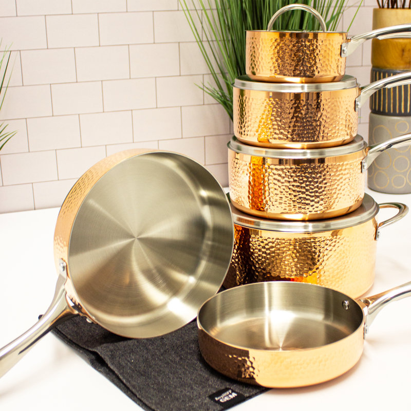 Vintage Hammered Copper and Stainless Steel 10-Piece Cookware Set