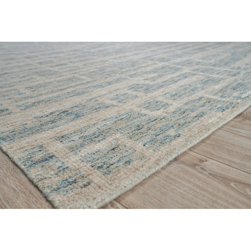 Aldridge Geometric Hand-Knotted Light Blue Area Rug, Rectangle 9' x 12'