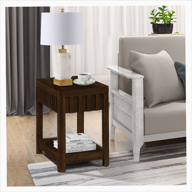 Rectangular End Table with Storage Shelf and Wood Legs, Dark Brown