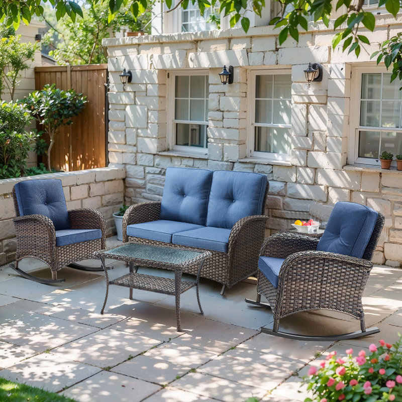 Chaises de patio d'extérieur en osier 5 pièces avec causeuse en rotin, table en osier et table d'appoint pour terrasse de patio