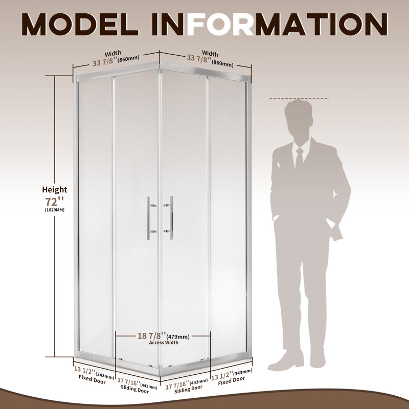 33 7/8" D x 33 7/8" W x 72" H Corner Pivot Shower Door with Adjustable Guide rail,Quick Release Function & Easy-Clean Coated 1/4" (6mm) ANSI Certified Tempered Glass, Brushed Nickel Aluminum Frame