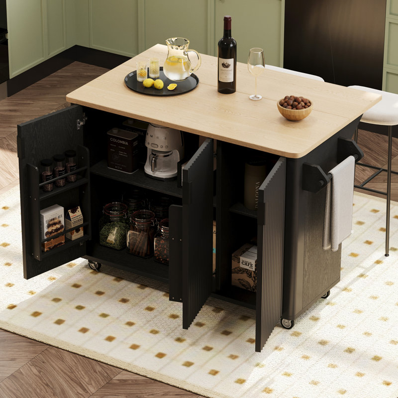 Fluted Kitchen Island with Drop Leaf, Farmhouse Accent Kitchen Island on Wheels with Internal Storage Rack, Rolling Kitchen Cart with Towel Rack for Kitchen, Dining Room