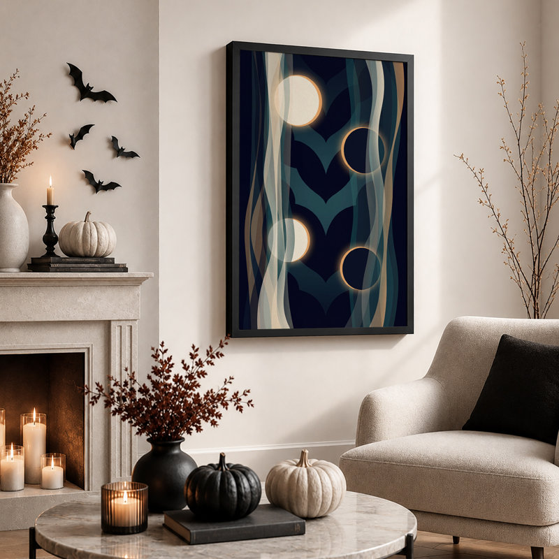 Toile murale d'Halloween : Vagues bleues et turquoise abstraites avec des cercles lumineux, H 18 po x l 12 po
