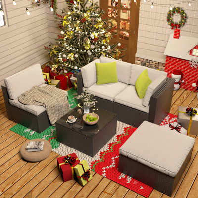 Patio Furniture 5-piece Set With Two Pillows And Outdoor Conversation Seating For Porch, Deck, Balcony, Garden Upholstered Sofa Set With Free Combinat by Ebern Designs