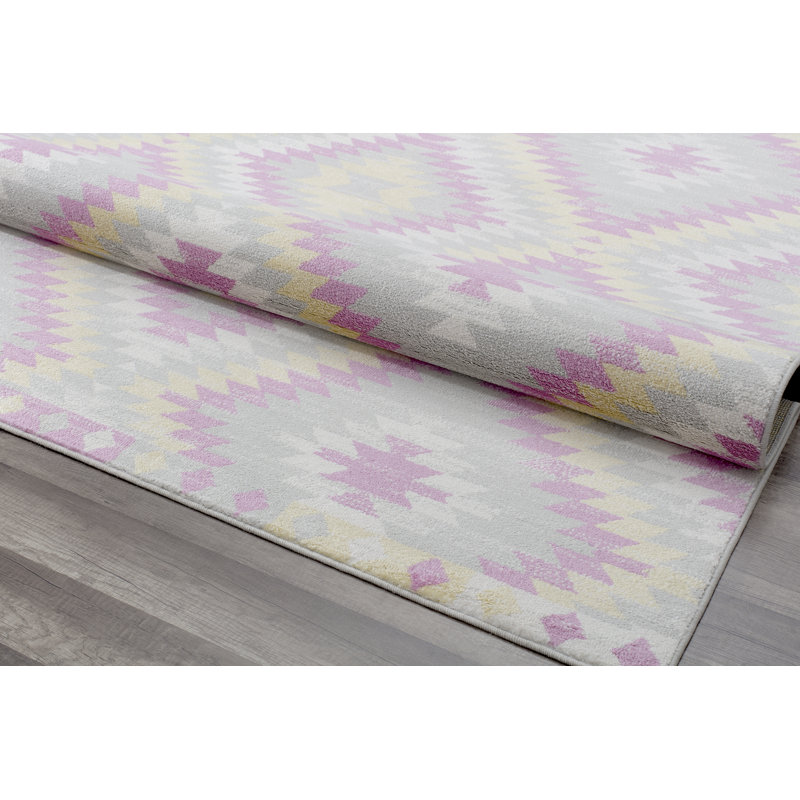 Tapis à motif tribal Mecca Bodrum BubbleGum, Rectangulaire 2 pi x 4 pi, Jaune/Rose/Ivoire/Gris