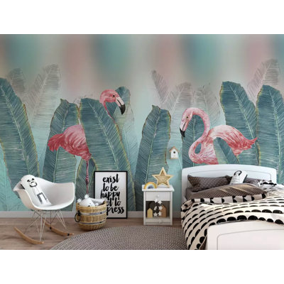 Flamingo Banana Leaf Tropical Leaves Removable Wallpaper