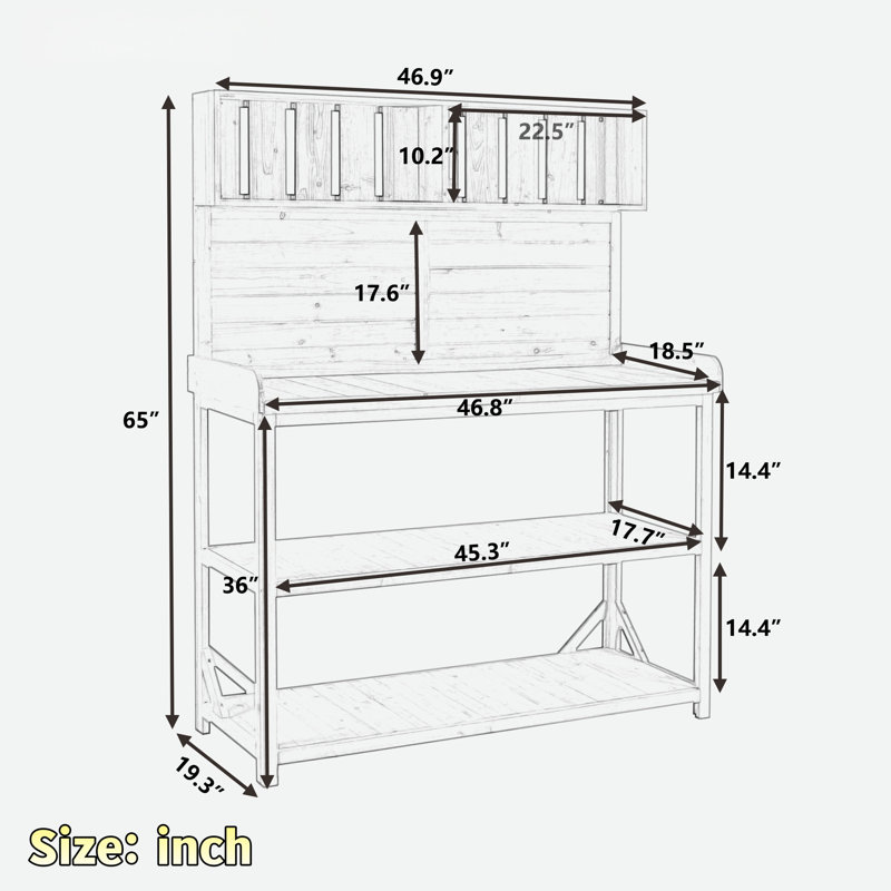 Grande table de rempotage en bois avec 4 tablettes de rangement et crochets latéraux, Vert