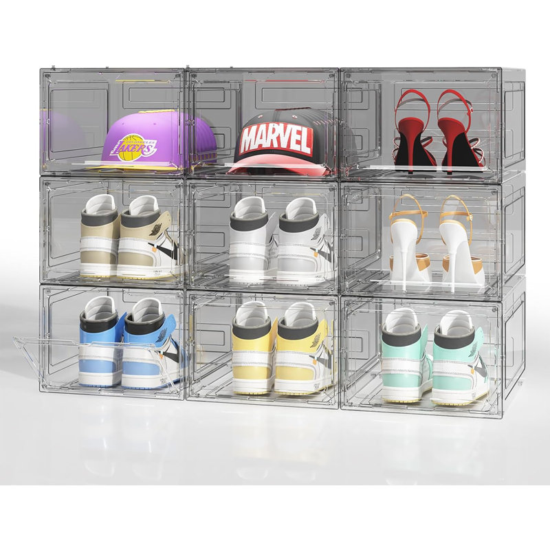 Upgraded Thickened Sturdy Large Shoe Boxes Clear Plastic Stackable 9 Pack Shoe Storage Organizer For Closet/Entryway, Drop Front Shoe Box With Magnetic Door, Shoe Display Case, Fit Up To US Size 14