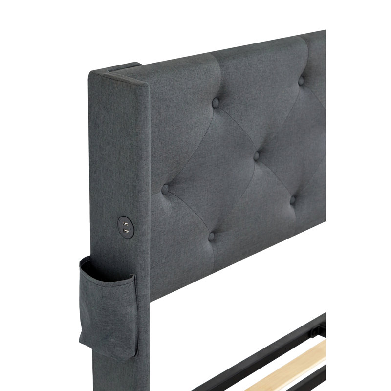 Grand lit avec rangement et ports - Tête de lit élégante à oreilles, relevage hydraulique d'aspect gris foncé, revêtement