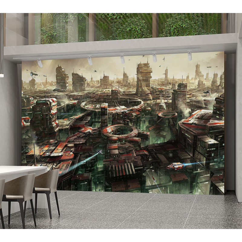 Murale pelez et collez de qualité supérieure - paysage urbain futuriste, L 96 po x l 120 po