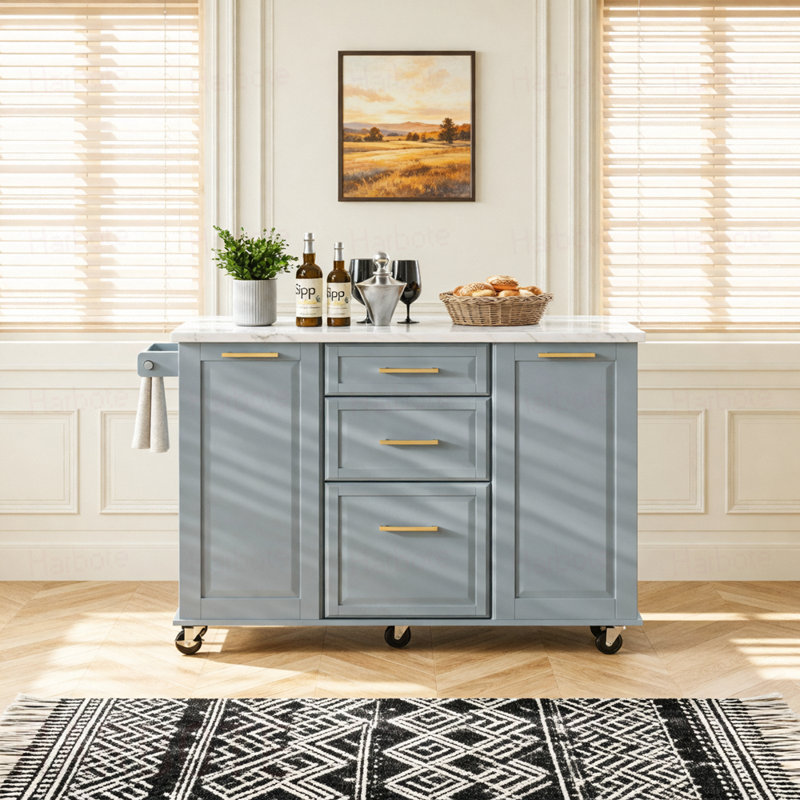 Îlot de cuisine 50,7 po avec rangement, poubelle inclinable et organisateur d'armoire escamotable, îlot de cuisine sur roulettes à 5 roulettes avec abattant, 2 tiroirs, 1 porte