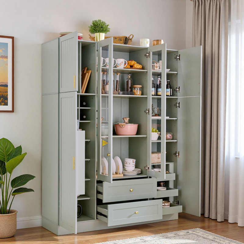 Grand garde-manger moderne avec 6 portes, armoire de rangement l 53,2 po x l 17,7 po avec tiroirs, tablettes réglables, plateaux coulissants et support à vin pour la salle à manger