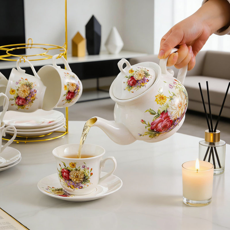Service à thé en porcelaine 20 pièces avec support en métal doré, service à thé et à café élégant pour la maison, la fête ou comme cadeau
