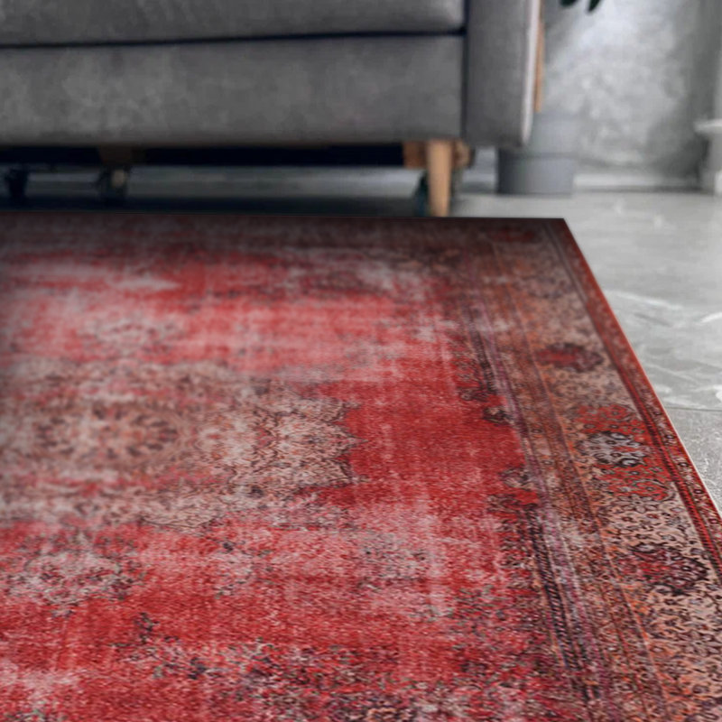 Tapis rouge à motif tissé rétro, Carré 8 pi 3 po