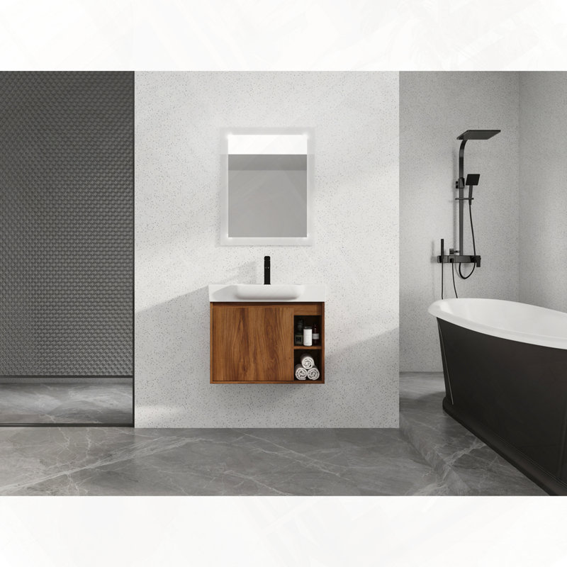 Wall-Mounted Bathroom Vanity With Ceramic Sink Soft-Close Door, 27", Brown Ebony