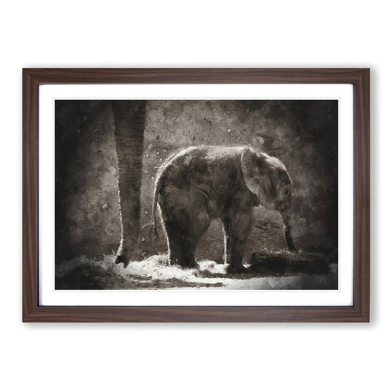 Mother and Baby Elephant Together - Picture Frame Painting Print, 33cm H x 45cm W x 2cm D, Walnut Framed
