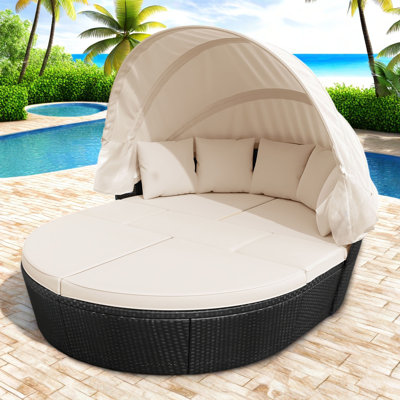Outdoor Rattan Daybed Sunbed With Retractable Canopy Wicker Furniture, Round Outdoor Sectional Sofa Set, Wicker Furniture Clamshell Seating With Washable Cushions, Backyard, Porch