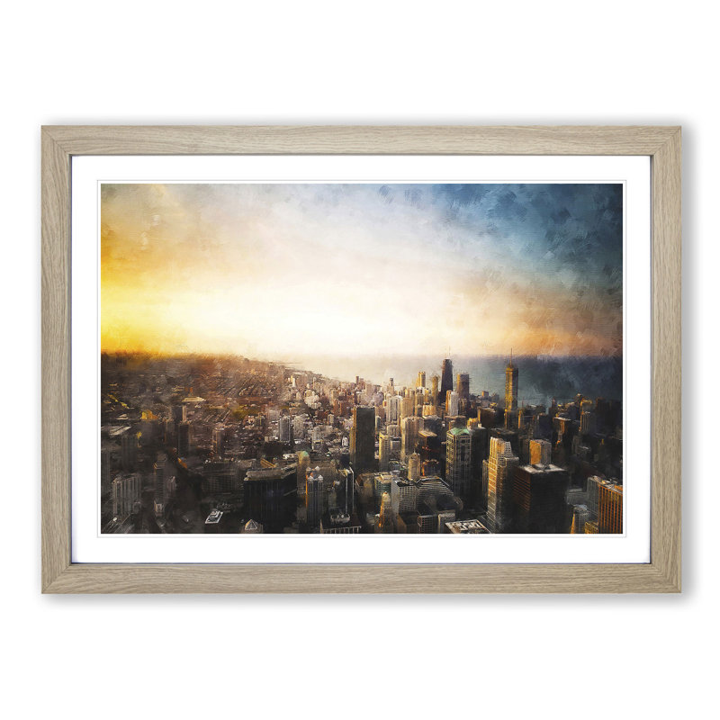 High over the Chicago Skyline - Picture Frame Painting Print, 62cm H x 87cm W x 2cm D, Oak Framed