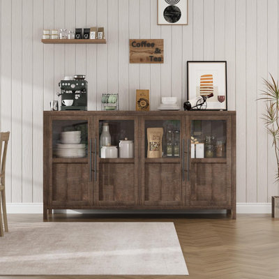 Modern Farmhouse Large Buffet Sideboard Cabinet with Glass Display Doors, 55.11 Inch Narrow Engineered Wood Storage Credenza Holds 200 LBS for Kitchen, Dining & Living Room
