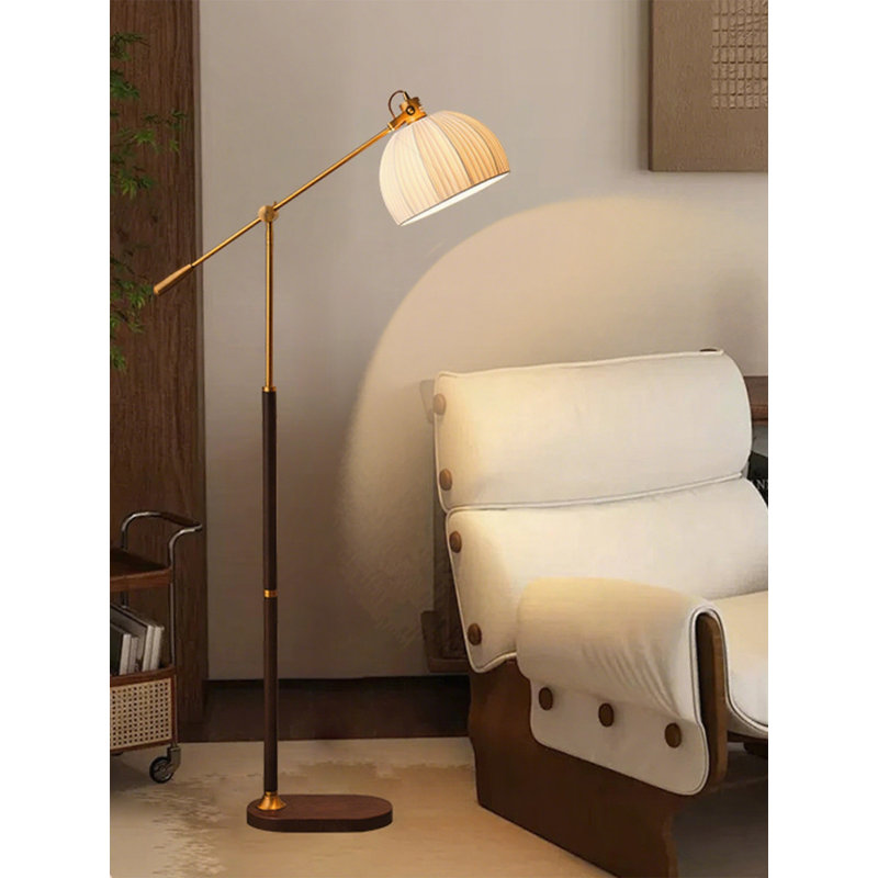 French Mid-Century Vintage Solid Wood, Fabric and Wrought Iron Floor Lamp, Brown