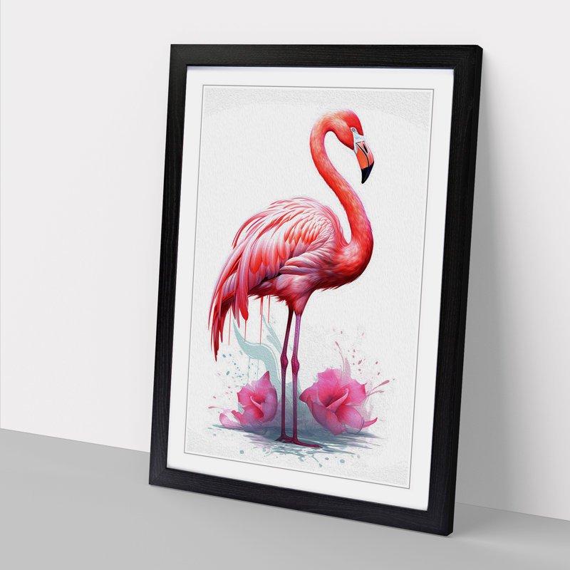 Flamingo Line - Single Picture Frame Print on Wood, Black, 64cm H x 46cm W x 2cm D