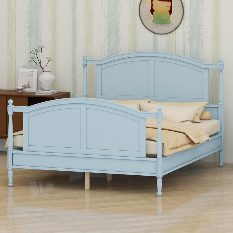 Lit plateforme en bois de style campagnard avec tête de lit arquée et colonnes, Bleu clair
