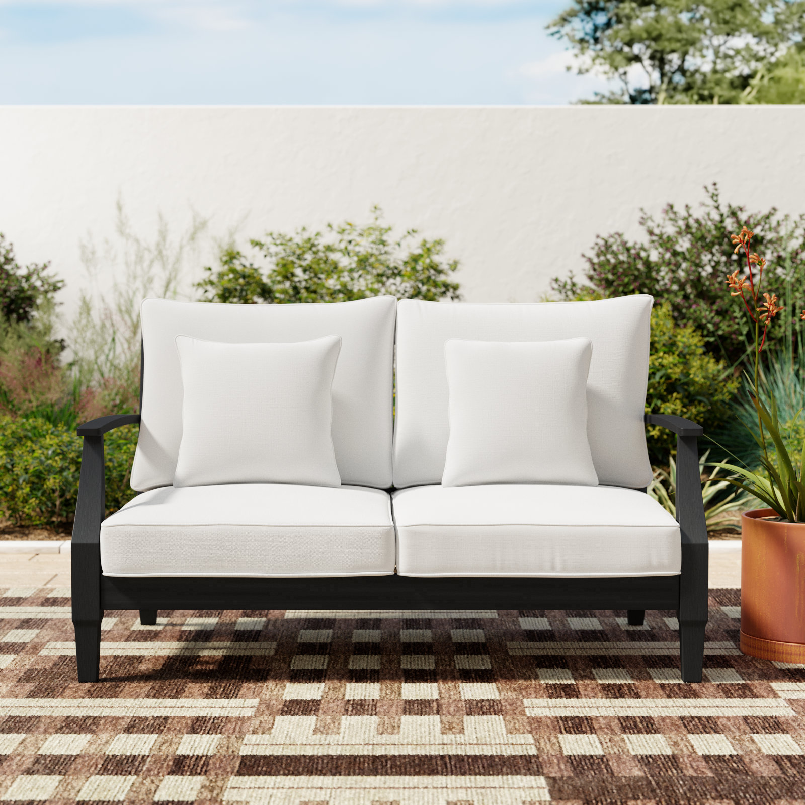 Samya Outdoor Loveseat with Cushions, Black/White
