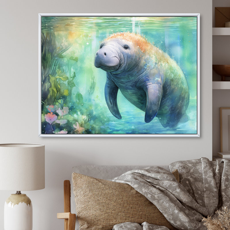 Gentle Manatee II - Art mural de lamantin pour le salon, Cadre flottant blanc, H 30 po x l 40 po x P 1,5 po