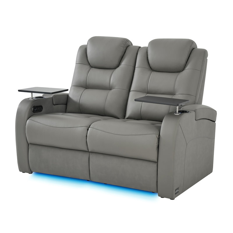 Double fauteuil inclinable de cinéma maison en cuir fleur avec ports USB et de type C, Cuir véritable gris