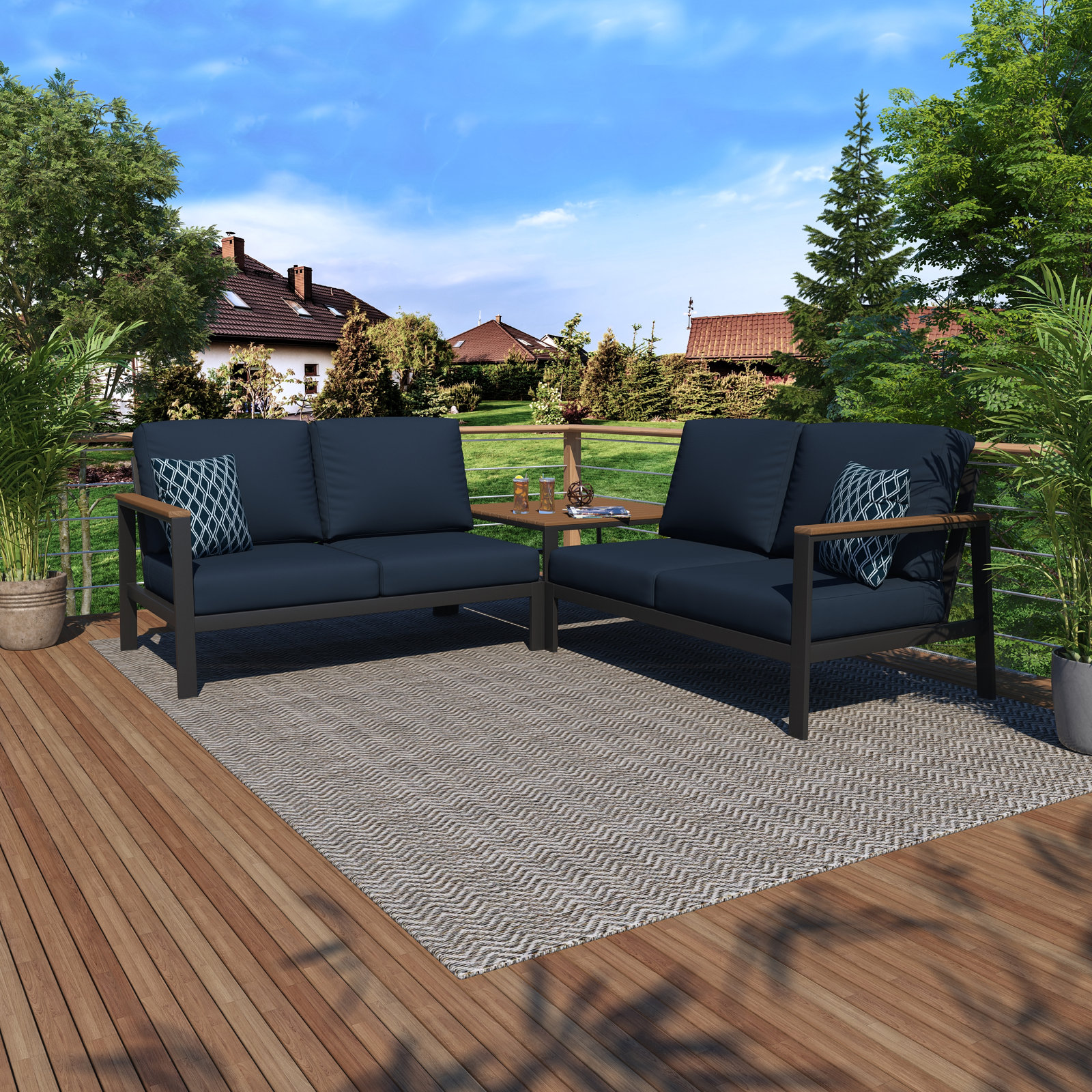 3 Piece Sectional Seating Group with Sunbrella Cushions, Canvas Navy Sunbrella® Canvas