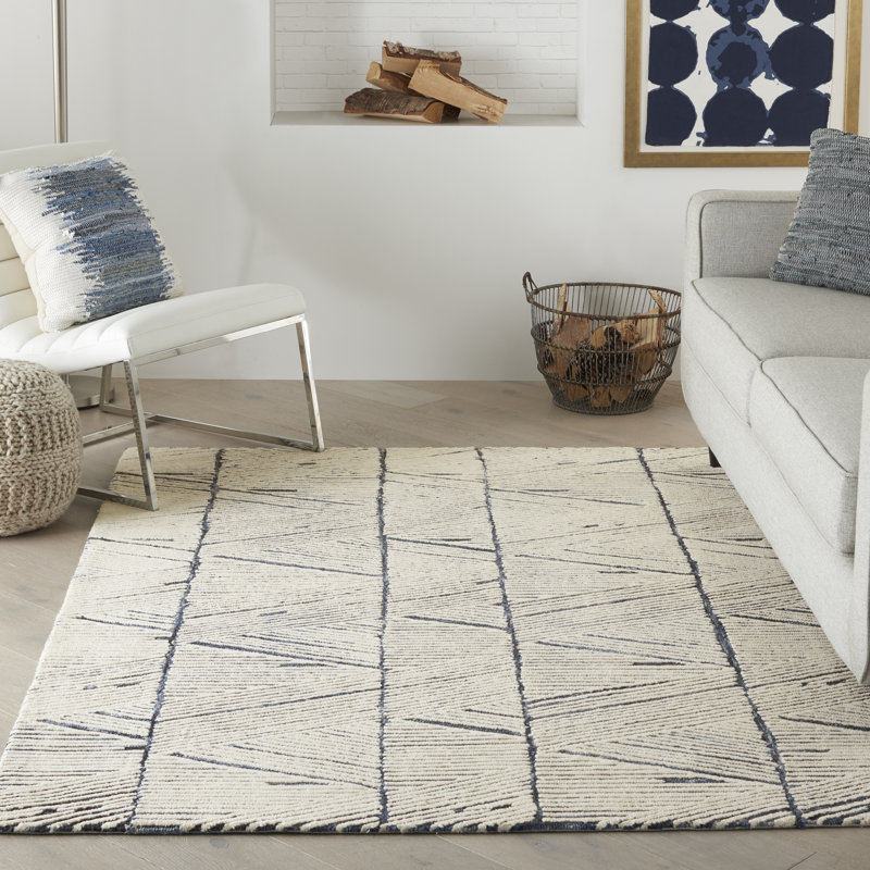 Beva Geometric Handmade White/Blue Area Rug, Rectangle 114 x 175cm