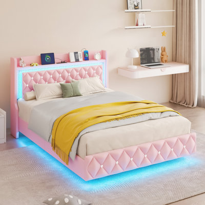 Floating Full Bed Frame With LED Light, Upholstered Platform PU Leather Bed With Charging Station & Wingback, Diamond Tufted Storage Headboard & Footboard, No Box Spring Neede