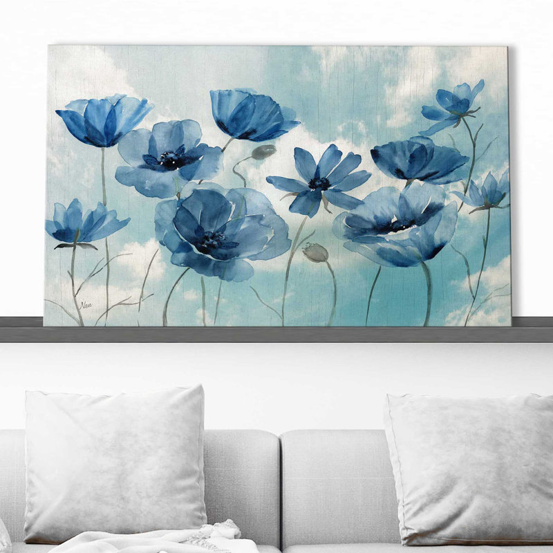 «Springing Up Blue» par - Peinture, Toile tendue, H 36 po x l 60 po x P 1,5 po