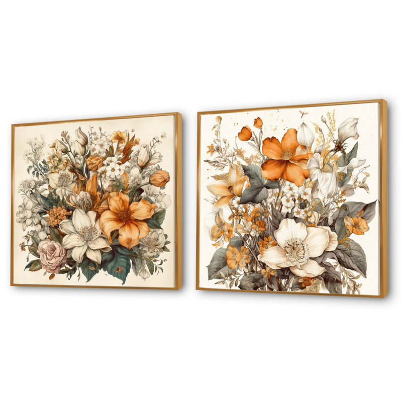 Traduction libre: Bouquet de fleurs crème et orange, H 16 po x l 33 po, Cadre flottant doré