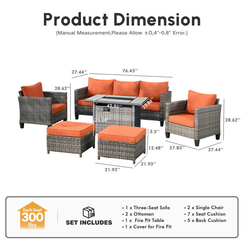 Allcot Rattan Sectional Seating Group with Cushions, Orange Red