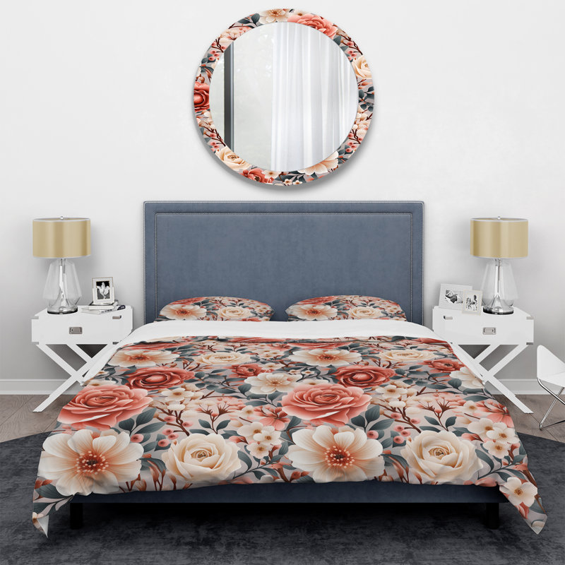 Literie aquarelle et motif floral beige, Housse de couette simple + 1 taie décorative stan