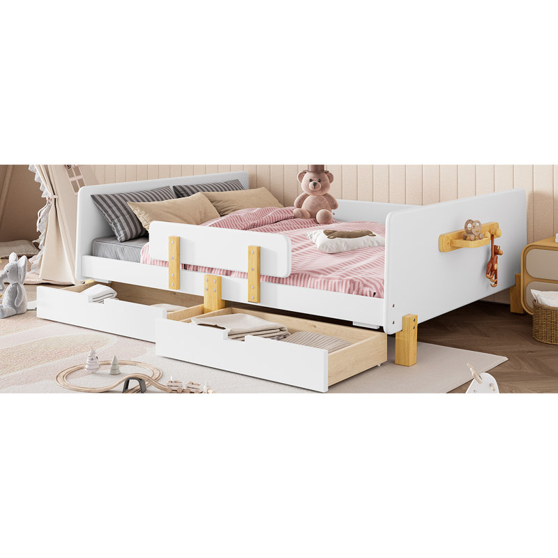 Lit plateforme double avec finition blanche, cadre et cadre en pin massif, tiroirs de rangement, garde-corps, petite tablette, crochets latéraux en bois