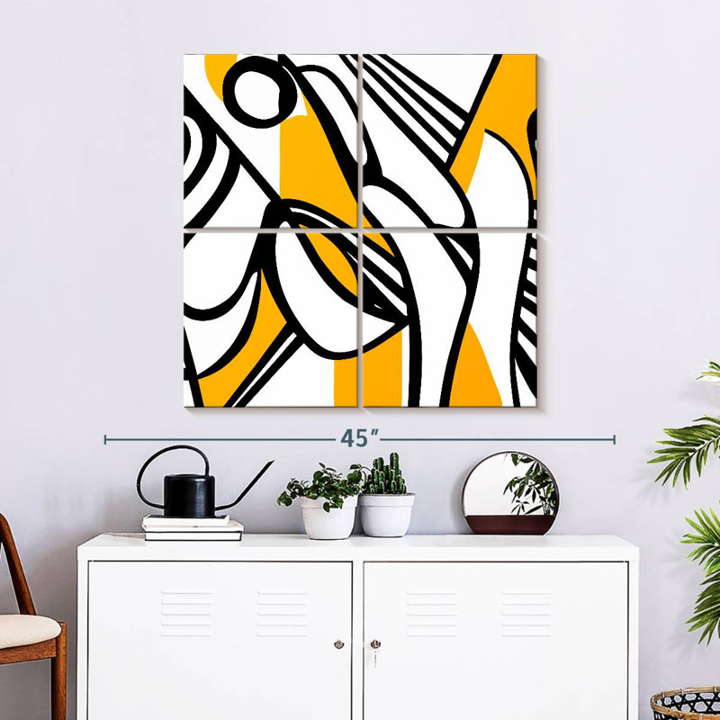 Lignes abstraites noires et jaunes, H 32 po x l 32 po