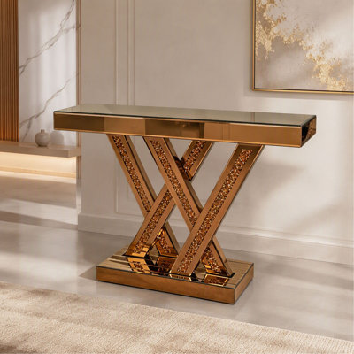 Console d'entrée moderne avec incrustations de diamants broyés et verre miroir, table de couloir pour l'entrée, table d'appoint décorative glamour pour le salon