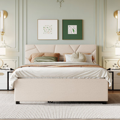 Queen Size Upholstered Platform Bed With Brick Pattern Headboard And Twin XL Size Trundle, Linen Fabric, Beige