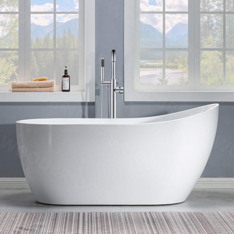 59" x 28" Freestanding Soaking Acrylic Single Slipper Bathtub with Reversible Drain, White/Chrome
