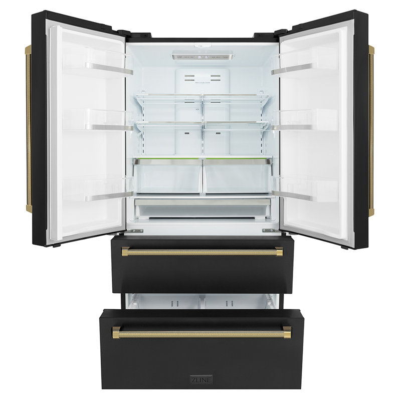 ZLINE Autograph 36 in. Counter-Depth Refrigerator in Black Stainless Steel and Bronze Helix Handles, Gold