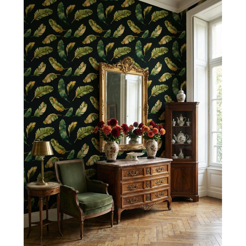 Papier peint feuilles de bananier sur fond noir, murale décorative verte et dorée, Texturé non collé