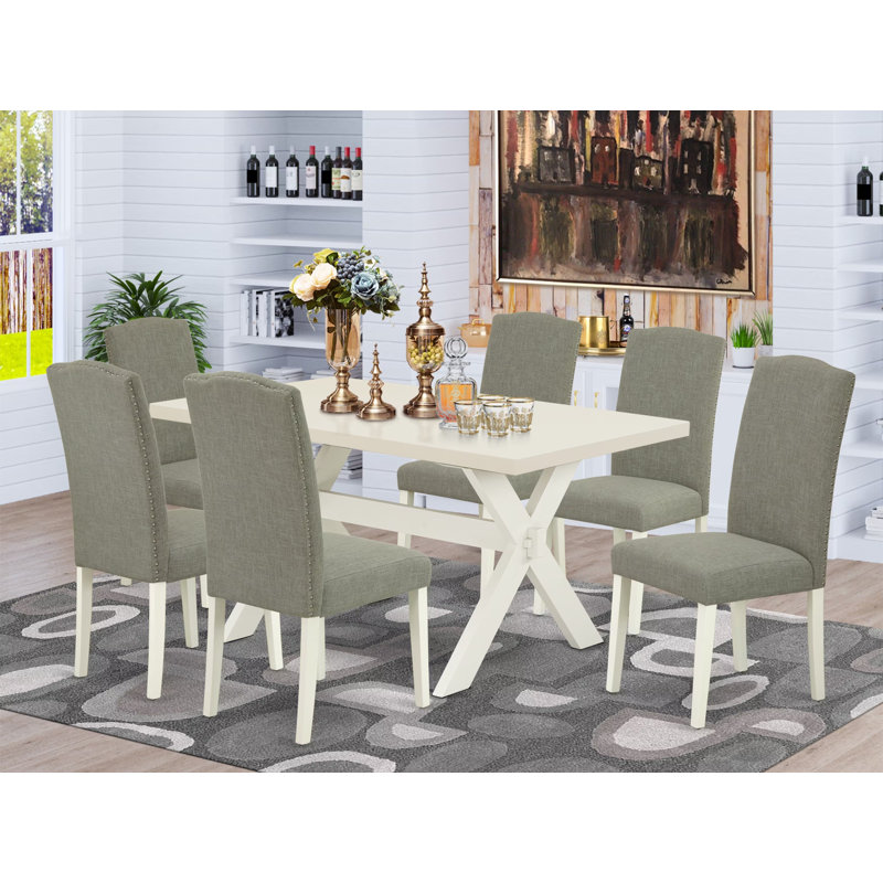 Ensemble de salle à manger 7 pièces comprenant une table de cuisine rectangulaire à pattes en X et 6 chaises rembourrées en lin Shitake foncé multicolore.