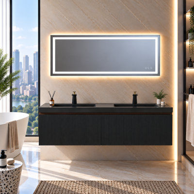 Meuble-lavabo double mural de 60 po, lavabo suspendu cannelé, armoire noire encre, lavabo en quartz noir sable, tiroir à fermeture en douceur, préassemblé