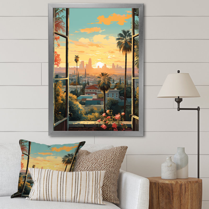 «Vintage Los Angeles Windows View 3 - Floral Window», art mural rétro, Cadre simple argenté, H 40 po x l 30 po x P 1,5 po