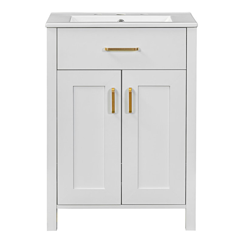 Bathroom Vanity With Ceramic Sink, White, Gold